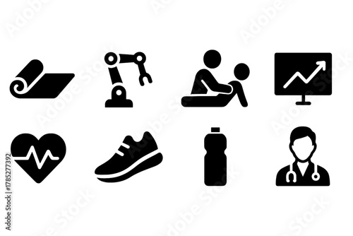 Fitness and technology silhouette icon set. Exercise, health, and tech silhouette icons