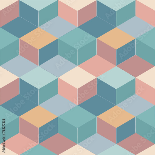 Geometric pattern with 3D cubes in pastel shades of blue, pink, and peach. The arrangement creates an optical illusion of depth.
