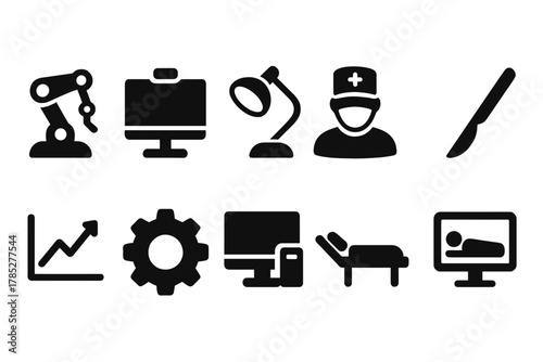 Medical and technology silhouette icon set. Healthcare and tech icons silhouette pack