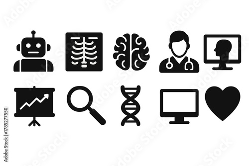 Medical and technology silhouette icon set. Healthcare and innovation symbols collection