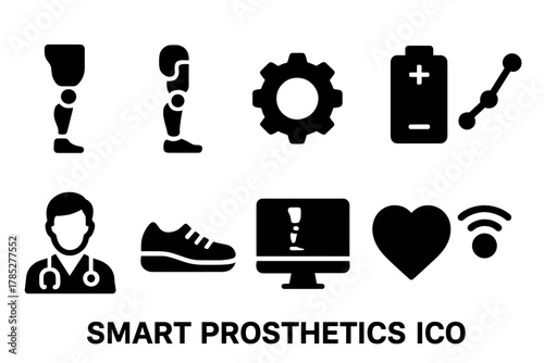 Smart prosthetics icon set. Healthcare, technology, artificial limbs solid icons collection