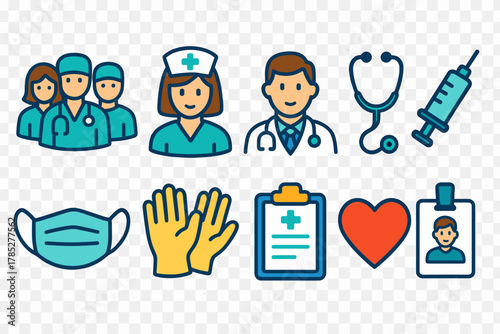 Healthcare, medical flat icon set. Doctors, nurses, equipment, safety icons
