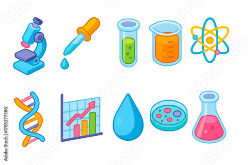 Science and laboratory neon icon set. Chemistry, biology, physics flat icons collection