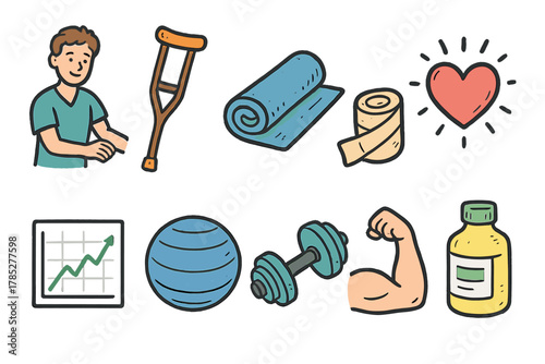 Health and fitness flat icon set: physical therapy and exercise equipment icons