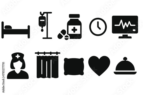 Healthcare and hospital solid icon set. Medical, emergency, patient care icons collection