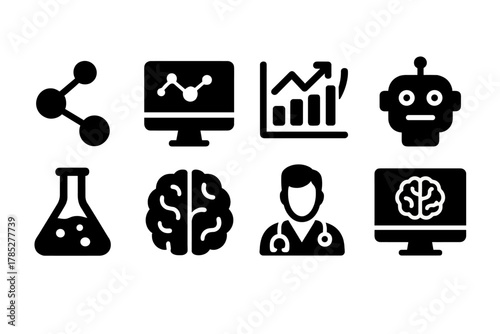 Technology solid icon set. Science, innovation, data, brain, ai intelligence icons