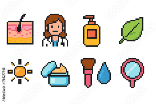 Beauty, skincare pixel icon set. Self-care and grooming icons in flat style