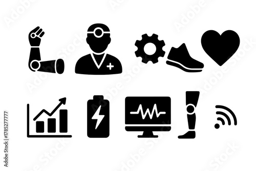 Healthcare and prosthetics silhouette icon set for medical and fitness applications