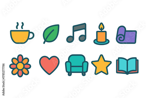 Leisure and relaxation outline icon set. Wellness, yoga, and meditation symbols.