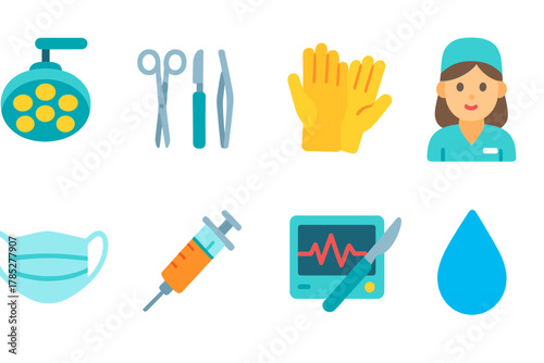 Medical equipment icon set: flat healthcare tools and devices icons collection