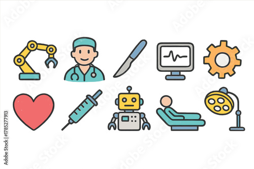 Medical and healthcare flat icon set with technology and treatment symbols