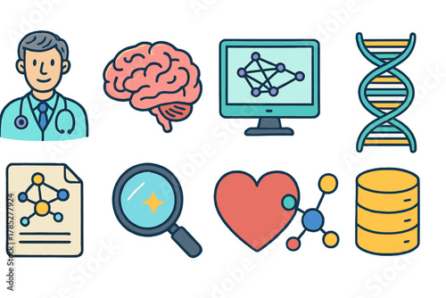 Healthcare and science icon set. Medical, research, technology icons in flat style