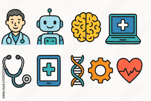 Medical and technology flat icon set. Healthcare, ai, digital tools collection.