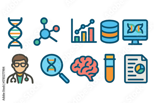 Genetics and dna linear icon set. Science, research, biotech icons linear collection