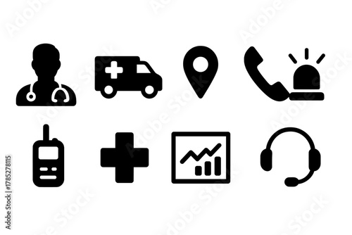 Healthcare, medical silhouette icon set. Hospital, emergency service icons silhouette collection
