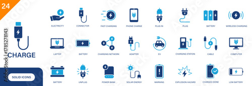 Charge icon. Includes battery, fast charging, electricity, plug, charging station, adapter, wireless charging. Solid vector icon set.