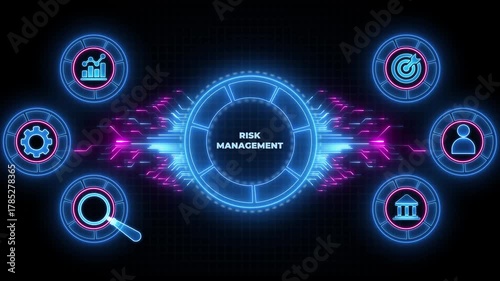 Risk Management and Assessment for Business Investment Concept. Digital animation glowing blue circuit lines, technology, data flow.