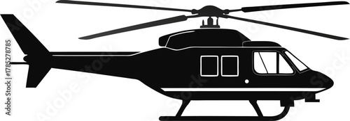 Silhouette of a helicopter in side view with two main rotor blades and a tail rotor. The image is black on a white background, conveying simplicity.