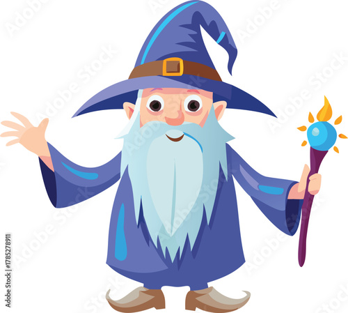 A cheerful cartoon wizard with a long blue beard, wearing a blue robe and hat. He holds a staff with a glowing blue orb, conveying a magical vibe.