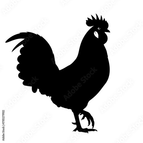 Silhouette of a rooster standing on a white background, a classic farm animal