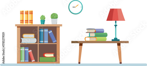 Bookshelf with colorful books and two potted plants beside a table with stacked books and a red lamp. A wall clock hangs above, creating a cozy study vibe.