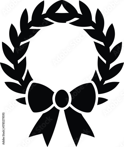 Black silhouette of a laurel wreath tied with a bow at the bottom, against a white background. Symbolic, elegant, and formal in tone.