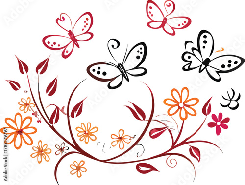 Stylized image of butterflies fluttering above swirling vines with red leaves and orange, pink flowers. The design conveys a sense of whimsy and nature.