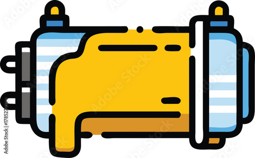 Illustration of a cylindrical yellow capacitor with metallic ends and protruding connectors, symbolizing electronics or energy transfer, on a white background.