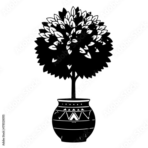A stylized black and white illustration of a decorative topiary tree planted in an ornate, patterned ceramic pot