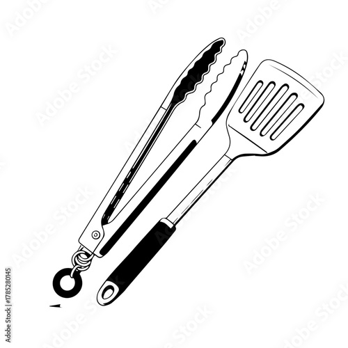 A black and white line art illustration of essential barbecue grilling tools, featuring a spatula and tongs for cooking