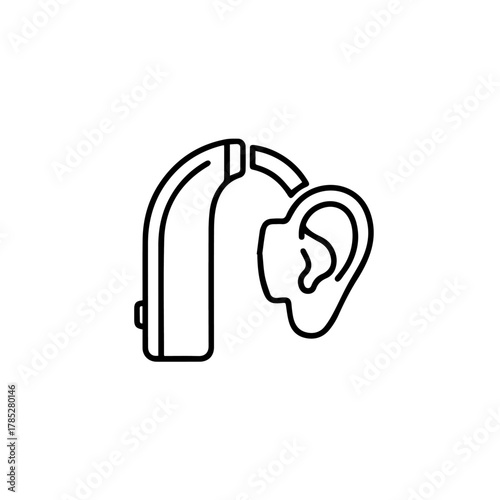 Outline icon of a hearing aid device for hearing impairment and audiology assistance on a white background