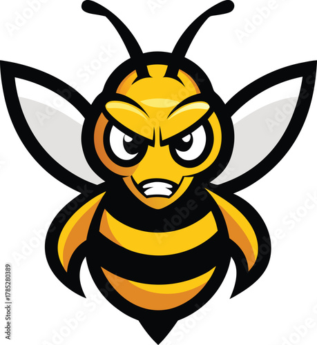 Cartoon bee with an angry expression, featuring bold yellow and black stripes, large white wings, and an intense gaze set against a white background.