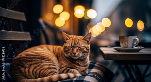 Fototapeta Naklejka Na Ścianę i Meble -  orange tabby cat resting on a bench with coffee sitting on a checkered blanket at an outdoor cafe in the evening perfect for lifestyle blog