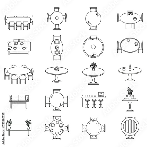 restaurant floor plan icons architectural layouts of dining tables providing a detailed view of seating arrangements for interior design projects.