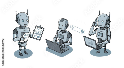ai robots multitasking with analytics search and communication exemplifying automated efficiency and modern tech workflows in business