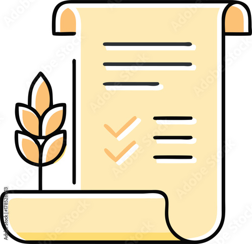 A rolled parchment with lines and checkmarks, accompanied by an ear of wheat on the left, symbolizes agriculture and documentation. Simple and informative design.