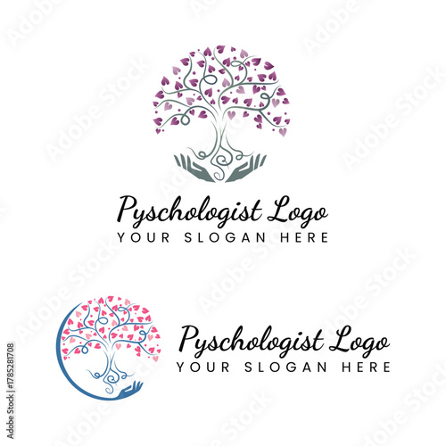 Psychology and wellness logo with heart leaf tree symbol in modern elegant style