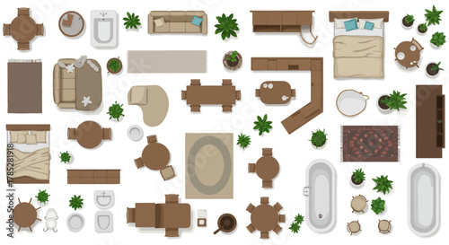 top view floor plan apartment layout with furniture including tables chairs beds bathtubs plants interior design for website blog and infographic