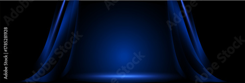 Banner of an empty dark stage with blue neon and curtains. Vector Illustrator