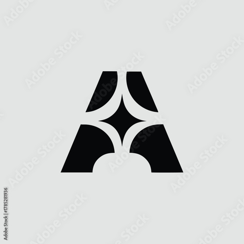 Black geometric letter "A" composed of angular shapes and negative space on a light gray background, conveying a modern and minimalist design.