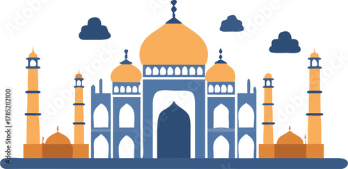 Stylized illustration of the Taj Mahal in blue and orange tones. Features domes, minarets, and clouds on a white background, evoking a serene atmosphere.