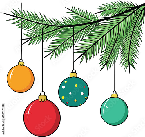 Illustration of green pine branch with four hanging ornaments: orange, red, and two teal, one with dots. Festive, cheerful holiday theme.