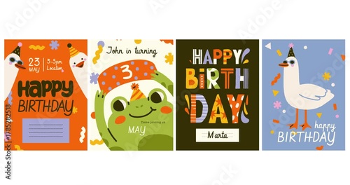 Set of Happy birthday posters. Moving greeting cards with cute animals, frog, ducks, confetti, and gift boxes. Childrens Party Invitations for Celebrating Holidays. Flat graphic animated cartoon
