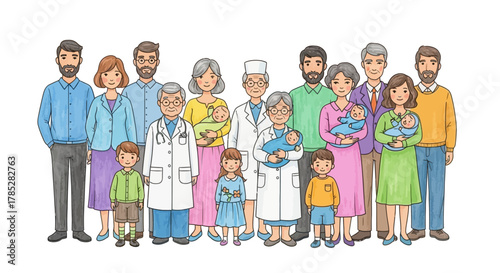 Family Support and Medical Care – Generations Together with Doctors Illustration