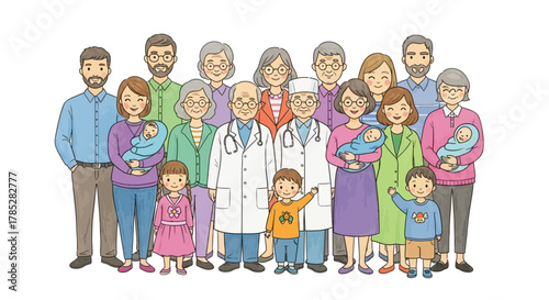 Family Support and Medical Care – Generations Together with Doctors Illustration