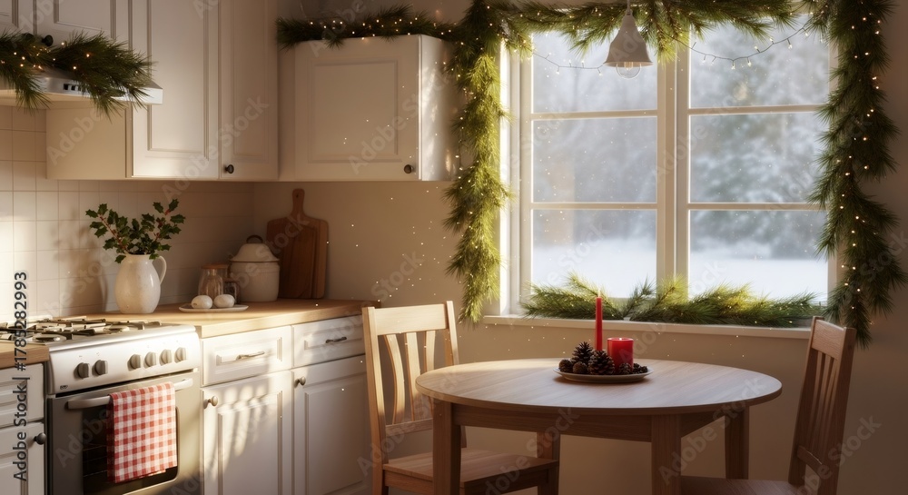 Fototapeta premium Cozy kitchen decorated for Holidays with Christmas garland and string light, showcasing a festive and warm home interior during winter.