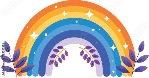 Illustration of a vibrant rainbow with seven colored arches, accented by white stars and dots. Purple leaves frame the base, creating a cheerful and whimsical tone.