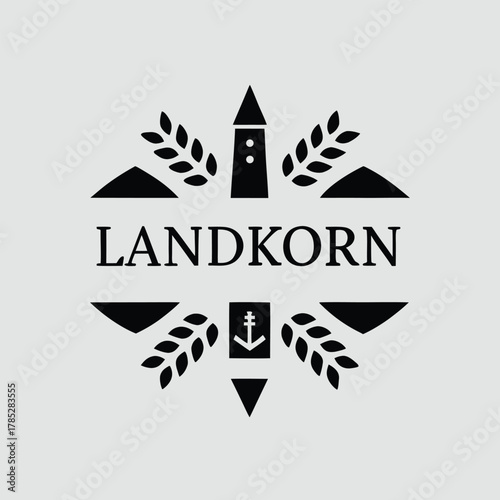 Stylized logo on a light gray background featuring the word "LANDKORN" in bold. Above, a tower with wheat motifs; below, an anchor symbol flanked by wheat.