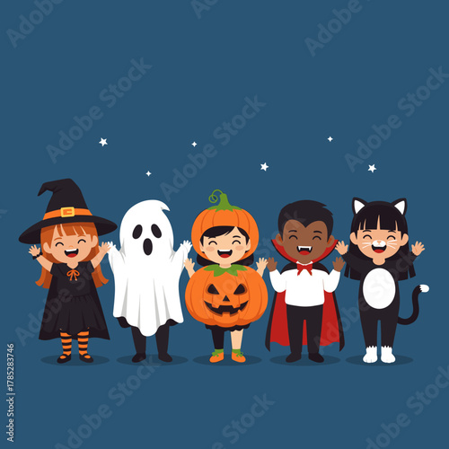 Joyful Diverse Children in Halloween Costumes: Witch, Ghost, Pumpkin, Vampire, Cat. Cute Flat Vector Illustration for Holiday Celebrations and Tric...