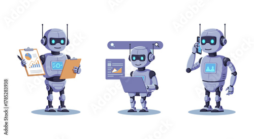 Ai robot teamwork analyzing data working with laptop and talking on phone for tech solutions business analytics and automation tools.